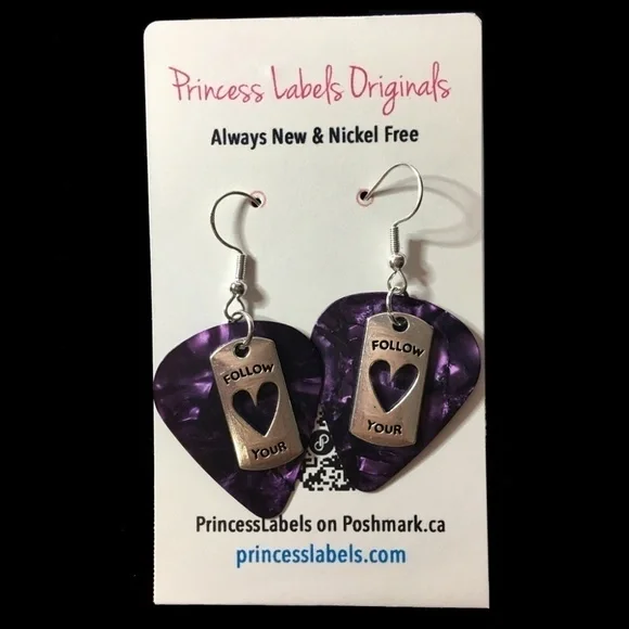 HAND Crafted Earrings Repurposed Guitar Picks Follow Your Heart Amethyst - Picture 5 of 7